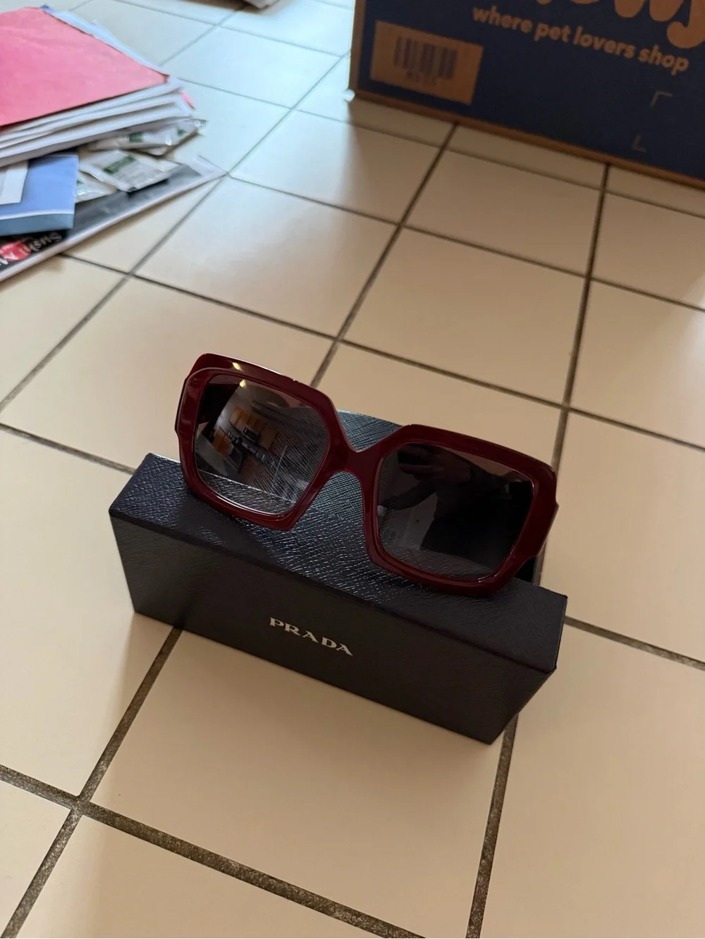 Prada Women's Square Sunglasses - Deep Red Frame with Dark Lenses